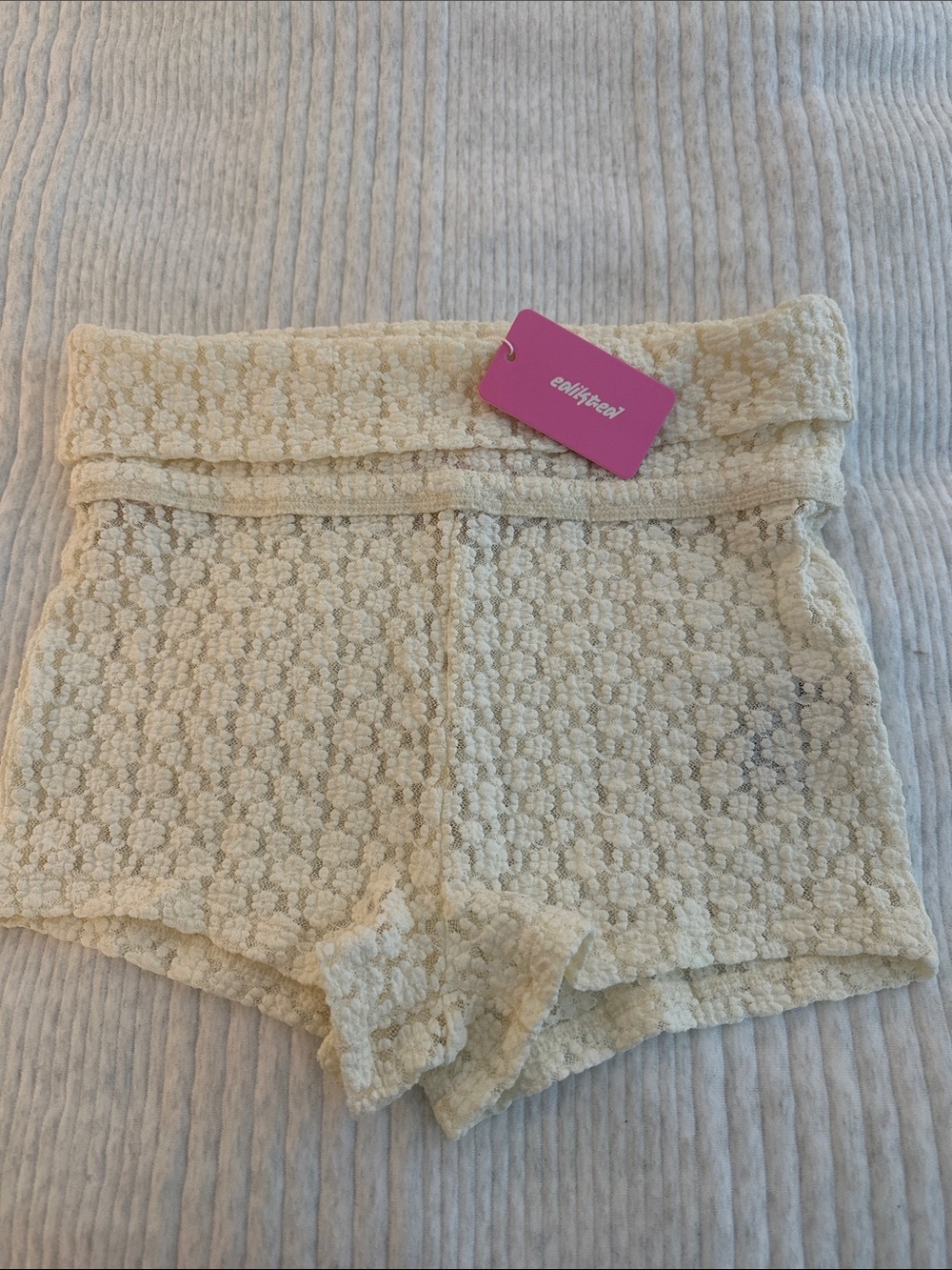 Edikted Cream Textured Fold-Over High-Waist Shorts